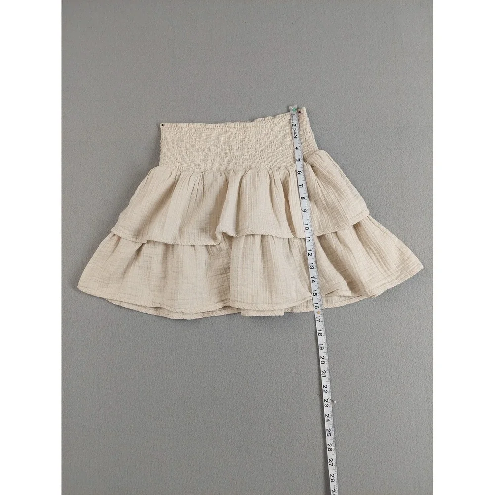 Universal Women Mini Skirt XS Beige 100% Cotton Tiered Ruffle Smocked Waist Boho
